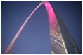 The Gateway Arch in St. Louis was illuminated in pink in honor of Breast Cancer Awareness Month during the Arch Lighting for Breast Cancer Awareness Thursday, Oct. 12, 2006. Mrs. Laura Bush delivered remarks and met with the audience members during the event.