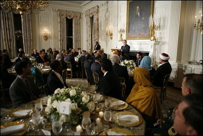 President George W. Bush addresses the Iftaar Dinner with Ambassadors and Muslim leaders in the State Dining Room of the White House, Monday, Oct. 16, 2006.