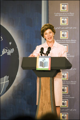 Mrs. Laura Bush delivers opening remarks Monday, Sept. 18, 2006, during the White House Conference on Global Literacy. The program was held at the New York Public Library.