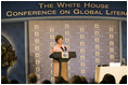 Mrs. Laura Bush delivers opening remarks Monday, Sept. 18, 2006, during the White House Conference on Global Literacy, held at the New York Public Library. The program underscores the need for sustained global and country level leadership in promoting literacy.