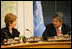 Mrs. Laura Bush listens to Zaid Ibrahim, Head of the ASEAN Inter-Parliamentary Burma Caucus, during a roundtable discussion at the United Nations about the humanitarian crisis facing Burma in New York City Tuesday, Sept. 19, 2006.