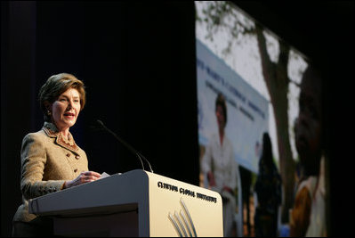 Mrs. Bush announces a $60 million public-private partnership between the U.S. Government and the Case Foundation at President Bill Clinton's Annual Global Initiative Conference in New York, NY, Wednesday, September 20, 2006. The partnership will work to provide clean water to up to 10 million people in sub-Sahara Africa by 2010, and support the provision and installation of PlayPump water systems in approximately 650 schools, health centers and HIV affected communities. PlayPump water system is powered by children's play consisting of a merry-go-round attached to a water pump with a storage tank.