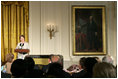 Mrs. Laura Bush addresses guests during the announcement of the President's Global Cultural Initiative in the East Room Monday, Sept. 25, 2006. "And one of the best ways we can deepen our friendships with the people of all countries is for us to better understand each other's cultures, by enjoying each other's literature, music, films and visual arts," said Mrs. Bush in her remarks.