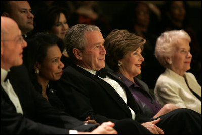 President George W. Bush and Laura Bush attend the 2006 National Book Festival Gala, an annual event of books and literature, Friday evening, Sept. 29, 2006 at the Library of Congress in Washington, D.C., joined by U.S. Secretary of State Condoleezza Rice, left.