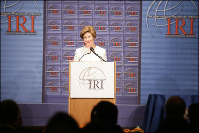 Mrs. Laura Bush delivers remarks during the International Republican Institute's 2006 Freedom Award dinner in Washington, D.C., Thursday, September 21, 2006. Mrs. Bush and Ellen Johnson Sirleaf, President of Liberia, were presented the 2006 Freedom Award which recognizes their work in encouraging women to participate in democratic process.