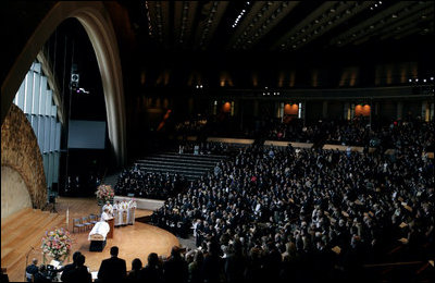 More than 2,000 guests, including Mrs. Laura Bush and former first family members going back to the Kennedy administration, attend the funeral service for former first lady Lady Bird Johnson Saturday, July 14, 2007, at the Riverbend Center in Austin, Texas.