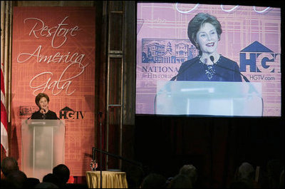 Mrs. Laura Bush addresses guests Tuesday evening, June 12, 2007, at the National Trust for Historic Preservation Gala in Washington, D.C., highlighting the importance of the saving historic places across the nation and honoring the efforts of the National Trust for Historic Preservation to preserve the nation's historical treasures. Mrs. Bush was honored with an award for her sustained commitment and contributions to the preservation of America's heritage.