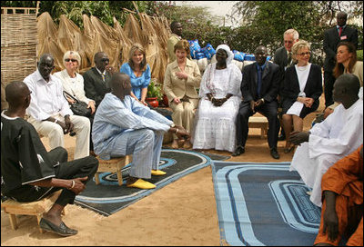 Mrs. Laura Bush sits in on a roundtable discussion about malaria at Fann Hospital Tuesday, June 26, 2007, in Dakar, Senegal. Malaria is the single leading cause of death in Senegal. This year the United States is providing 16.7 million dollars in assistance to combat the issue. The funding is part of the President's Malaria Initiative that increases malaria funding by more than 1.2 billion dollars over five years.