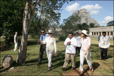 Mrs. Laura Bush and Mrs. Margarita Zavala, wife of President Felipe Calderon of Mexico, tour Mayan ruins in Uxmal, Mexico Tuesday, March 13, 2007.