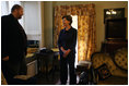 Mrs. Laura Bush listens as Russell Caldwell, manager of visitor services, conducts a tour of the Margaret Mitchell House and Museum, Thursday, Nov. 1, 2007 in Atlanta, Ga. It was in this house that Mitchell wrote the novel, Gone with the Wind.