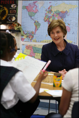 Mrs. Laura Bush visits with students at the Good Shepherd Nativity Mission School, Thursday, Nov. 1, 2007 in New Orleans, a Helping America's Youth visit with Big Brother and Big Sisters of Southeast Louisiana. Mrs. Bush thanked the group saying,"We know that positive role models are essential to young people's success.