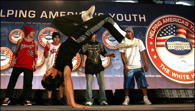 After Mrs. Laura Bush addressed the conference, members of the YA Crew perform a dance routine Thursday, Nov. 8, 2007, at Dallas Baptist University in Dallas. "The work that you do in your neighborhoods -- helping young people build the knowledge and the self-respect they need to build successful lives -- is at the heart of Helping America's Youth," said Mrs. Bush in her remarks.