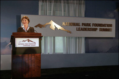 Mrs. Laura Bush addresses the National Park Foundation's Leadership Summit on Partnership and Philanthropy Monday, Oct. 15, 2007, in Austin, Texas. "Through its 40 years of stewardship, the National Park Foundation has helped preserve these magnificent places for future generations," said Mrs. Bush. "Through educational programs and public awareness campaigns, the Foundation has encouraged millions of Americans to discover our natural and historical treasures."