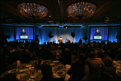 Mrs. Laura Bush addresses the National Park Foundation's Leadership Summit on Partnership and Philanthropy Inaugural Founders Award Dinner Monday, Oct. 15, 2007, in Austin, Texas. "Through the First Bloom program, the Foundation and the National Park Service will join with the Wildflower Center and community groups like the Boys and Girls Clubs to connect young people to our national parks," said Mrs. Bush. "First Bloom will take children on visits to national parks near their homes, introducing them to plant species native to their area."