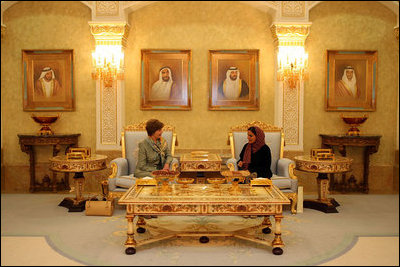 Upon her arrival to the United Arab Emirates, Mrs. Laura Bush meets with Economic Minister Sheikha Lubna al-Qasimi Sunday, Oct. 21, 2007, in Abu Dhabi. Mrs. Bush is traveling this week to the United Arab Emirates, Kuwait, Saudi Arabia and Jordan. During the visits, she will talk with medical and educational leaders, leaders of women's groups and officials.