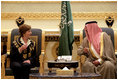 After arriving in Riyadh, Tuesday, Oct. 23, 2007, Mrs. Laura Bush talks with Prince Faisal Bin Abdallah Bin Abd al-Aziz Al Saud, President of the Saudi Cancer Society and President of the Saudi Red Crescent Society.