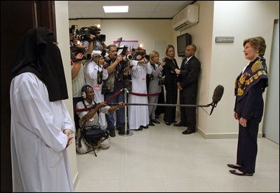 Mrs. Laura Bush addresses the press after touring the Abdullatif Cancer Screening Center Tuesday, Oct. 23, 2007, in Riyadh. Said Mrs. Bush, "This is a great model for other parts of Saudi Arabia. Because of regular screenings, people can discover a cancer early before it's in such an advanced stage that it's hard to cure."