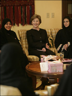 Mrs. Laura Bush participates in a "Breaking the Silence" Coffee with breast cancer survivors and members of their families Wednesday, Oct. 24, 2007, in Jeddah, Saudi Arabia.