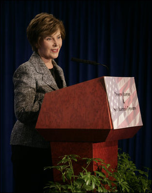Mrs. Laura Bush delivers remarks Wednesday, Oct. 31, 2007, at the Preserve America/Save America's Treasures Legislation announcement at the Sewall-Belmont House and Museum in Washington, D.C. Mrs. Bush told her audience, "With legislation introduced this week, we can make sure more communities and historical sites across the United States are protected for our children and our grandchildren."