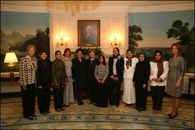 Mrs. Laura Bush meets with Afghan women business owners who have just completed four weeks of business training at Northwood University in Midland, Mich., Wednesday, Sept. 19, 2007, in the Diplomatic Reception Room. The women are sponsored by the Women Impacting Public Policy Institute and supported by the U.S.-Afghan Women's Council.