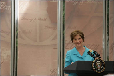 Mrs. Laura Bush speaks during a luncheon on global health and literacy Tuesday, Sept. 24, 2007, at the Pierpont Morgan Library in New York. "Over the last five years, Afghanistan's primary-school enrollment rate has increased by more than 500 percent. At the same time, Afghanistan's infant and child mortality rate has dropped nearly 20 percent," said Mrs. Bush citing an important example of how education and children's health are intertwined. "Just a few years of increased school enrollment have produced these promising advances in children's health."