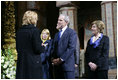 President George W. Bush and Mrs. Laura Bush are joined by Ukrainian President Viktor Yushchenko and his wife, first lady Kateryna Yushchenko, background, Tuesday, April 1, 2008, during a tour of St. Sophia's Cathedral lead by the Director of the Sofiya Kyivska Museum, Larisa Rusenko, in Kyiv, Ukraine.