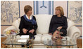 Mrs. Laura Bush and Mrs. Kateryna Yushchenko, wife of Ukraine's President Viktor Yushchenko, enjoy tea Tuesday, April 1, 2008, after ceremonies welcoming Mrs. Bush and President George W. Bush to Kyiv.