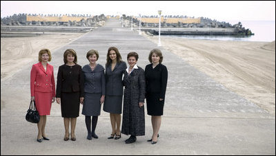 Mrs. Laura Bush and Mrs. Maria Basescu, second from left, spouse of Romania's President Traian Basescu, are joined for a photo opportunity with luncheon guests Wednesday, April 2, 2008, at the presidential seaside retreat in Neptun, Romania. Joining them are from left: Codrina Vierita, spouse of Adrian Vierita, Romanian Ambassador to the United States; Alexandra Coman, accomplished opera singer and fiancée of Adrian Cioroianu, Romania's Minister of Foreign Affairs; Jenny Taubman, spouse of Nick Taubman, U.S. Ambassador to Romania, and Maria Bitang, former Romanian Olympic Gymnastics Coach and State Advisor.