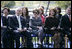 Mrs. Laura Bush and Mrs. Maria Basescu, spouse of Romania's President Traian Basescu, break out in laughter at remarks made Wednesday, April 2, 2008, during a joint press availability with their husbands at the Protocol Villas Neptun-Olimp in Neptun, Romania.