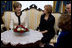 Mrs. Laura Bush and Croatia's First Lady Mrs. Milka Mesic sit for tea Friday, April 4, 2008, following the arrival of President and Mrs. Bush in Zagreb, where they will overnight before continuing on to Russia.