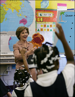 Mrs. Laura Bush participates in a class program with the first grade students of teacher Laura Gilbertson Monday, April 14, 2008, at the Martin Luther King Elementary School in Washington, D.C., to mark the tenth anniversary of Teach for America Week.