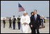 President George W. Bush, Mrs. Laura Bush and daughter, Jenna Bush, walk with Pope Benedict XVI after the Pontiff's arrival Tuesday, April 15, 2008, at Andrews Air Force Base, Maryland.