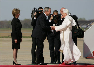 President George W. Bush and Laura Bush greet Pope Benedict XVI on his arrival to Andrews Air Force Base, Md., Tuesday, April 15, 2008, the first stop of a six-day visit to the United States.