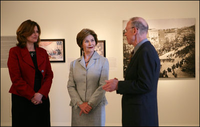 Mrs. Laura Bush and Mrs. Sarah Brown, wife of the Prime Minister of the United Kingdom, participate in a tour led by Mr. Charles Robertson, Guest Curator, "The Honor of Your Company Is Requested: President Lincoln's Inaugural Ball" Exhibit, Thursday, April 17, 2008, during their visit to the Smithsonian American Art Museum in Washington, D.C.