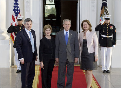 President George W. Bush and Laura Bush welcome British Prime Minister Gordon Brown and his wife, Sarah Brown, to the White House Thursday evening, April 17, 2008, for a private social dinner.