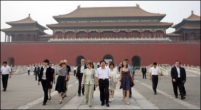 Mrs. Laura Bush and daughter Barbara Bush tour the Forbidden City Friday, Aug. 9, 2008, during their visit to Beijing. Leading the tour is Mr. Sun Jiazheng, Vice Chairman, China People's Political Consultative Congress. Mrs. Sarah Randt, spouse of Sandy Randt, U.S. Ambassador to the People's Republic of China, is second from left in hat.