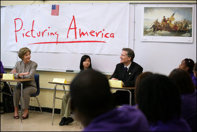 Mrs. Laura Bush participates in a classroom discussion Thursday, Aug. 14, 2008, at the Edna Karr High School in New Orleans, where the National Endowment for the Humanities' Picturing America program is discussed. The Picturing America program is a collection of American art offered to schools and public libraries to help educators teach American history and culture through art. 