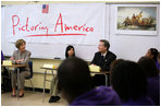 Mrs. Laura Bush participates in a classroom discussion Thursday, Aug. 14, 2008, at the Edna Karr High School in New Orleans, where the National Endowment for the Humanities' Picturing America program is discussed. The Picturing America program is a collection of American art offered to schools and public libraries to help educators teach American history and culture through art. 