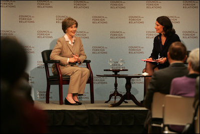Mrs. Laura Bush is welcomed Wednesday, Dec. 10, 2008, to a question and answer session at the Council on Foreign Relations in New York City by moderator Kathryn "Kitty" Pilgrim , right, of CNN. Mrs. Bush delivered an opening statement on the 60th anniversary of the Universal Declaration of Human Rights and discussed the human rights of women.