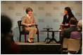 Mrs. Laura Bush is welcomed Wednesday, Dec. 10, 2008, to a question and answer session at the Council on Foreign Relations in New York City by moderator Kathryn "Kitty" Pilgrim , right, of CNN. Mrs. Bush delivered an opening statement on the 60th anniversary of the Universal Declaration of Human Rights and discussed the human rights of women.