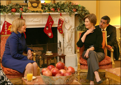 Mrs. Laura Bush meets Tuesday, Dec. 16, 2008, with Mrs. Ana Ligia Mixco Sol de Saca, wife of El Salvador's President Elias Antonio Saca, during Mrs. Saca's visit to the White House Residence.