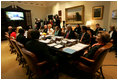 Mrs. Laura Bush leads a video teleconference Thursday, Dec. 18, 2008, with the Afghan Women Entrepreneurs in the Roosevelt Room of the White House.