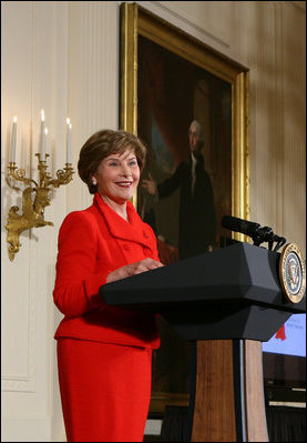 Mrs. Laura Bush welcomes guests to The Heart Truth reception Monday, Feb. 11, 2008, in the East Room of the White House, reminding women of the importance to protect their heart health. Mrs. Bush has served as the National Ambasasador for The Heart Truth national campaign since 2003.