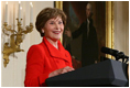 Mrs. Laura Bush welcomes guests to The Heart Truth reception Monday, Feb. 11, 2008, in the East Room of the White House, reminding women of the importance to protect their heart health. Mrs. Bush has served as the National Ambasasador for The Heart Truth national campaign since 2003.
