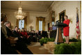 Mrs. Laura Bush addreses her remarks at The Heart Truth reception Monday, Feb. 11, 2008, in the East Room of the White House, part of a national awareness campaign that warns women of the dangers of heart disease. Mrs. Bush, joined by President George W. Bush at the reception, has served as the National Ambasasador for The Heart Truth national campaign since 2003.