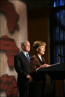 Mrs. Laura Bush addresses guests as she prepares to introduce President George W. Bush Thursday, Feb. 14, 2008 at the Smithsonian National Museum of African Art in Washington, D.C., prior to an address about their upcoming trip to Africa. Mrs. Bush outlined the many United States initiatives in cooperation with Africa nations that help improve education, reduce poverty and fight pandemic diseases.