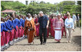Students line up to welcome President George W. Bush and Mrs. Laura Bush Monday, Feb. 18, 2008, to the Maasai Girls School in Arusha, Tanzania.
