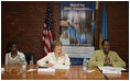 Mrs. Laura Bush joins Rwanda first lady Jeannette Kagame, right, during a forum Tuesday, Feb. 19, 2008 in Kigali, Rwanda, to promote girl's education.