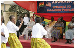 Mrs. Laura Bush watches a children's dance performance during welcome ceremonies Wednesday, Feb. 20, 2008, at the Maamobi Polyclinic health facility in Accra, Ghana.