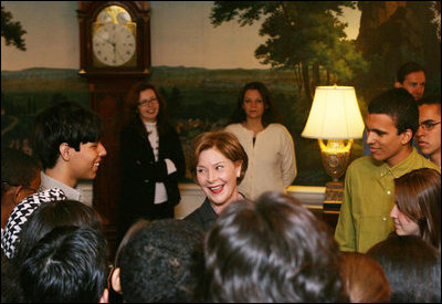 Mrs. Laura Bush speaks with members of the BrazilYouth Ambassadors group during their visit to the White House, Monday, Jan. 14, 2008. The organization promotes intercultural understanding among Brazilian and American youth.